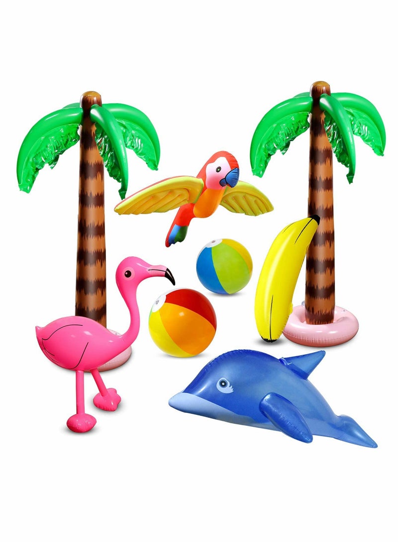 Hawaiian Party Toys Set 8Pcs Inflatable Palm Trees Flamingos Toys Inflatable Banana Beach Balls Inflatable Dolphin for Hawaii Party Summer Party Decor Beach Pool Backdrop Pool Party Supplies