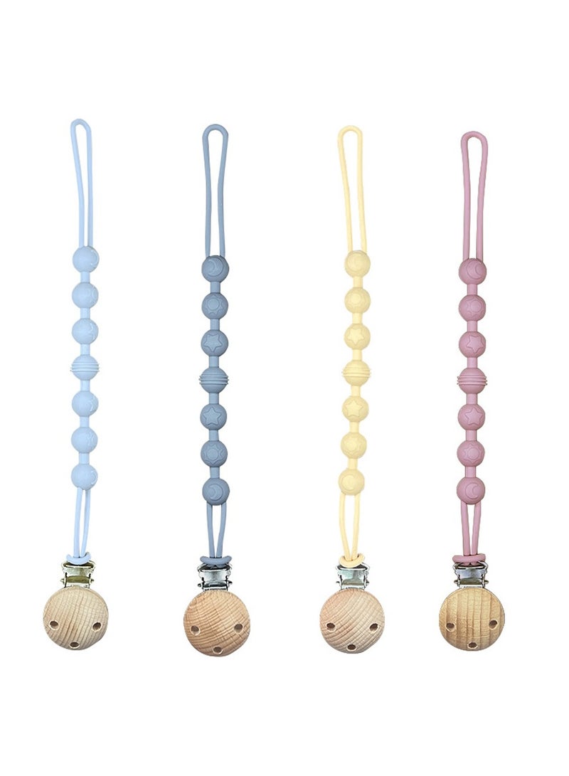 Pacifier Clip Silicone Pacifier Clip for Boys Girls Flexible One-Piece Pacifier Holder Clip with Wooden Clips Soft Flexible Pacifier Leash Baby Shower and Birthday Gift 4Pcs