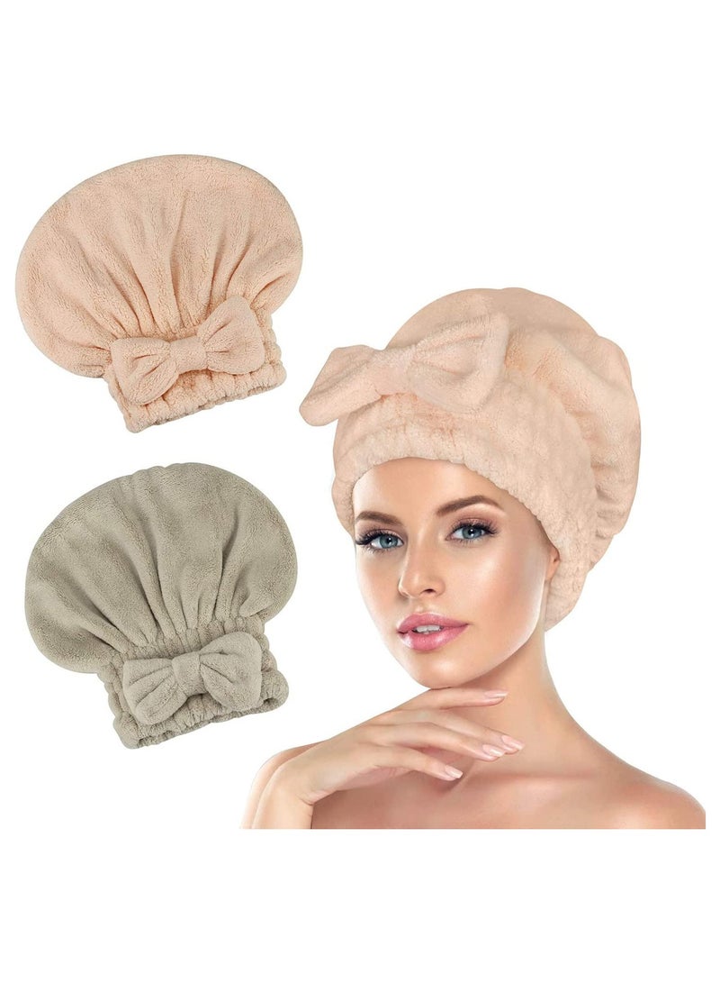 Hair Towel Wrap Microfiber Absorbent Towel with Bow-Knot Shower Cap for Hair Quick Dry Fast Drying Hair Caps for Women Soft Hair Turban for Wet Hair Long Curly Thick Hair 2 Pack