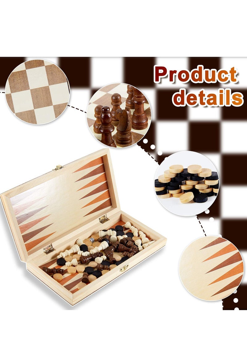 Wooden Chess Set, 3-in-1 Folding Portable Chess Board Game Set and Checkers Backgammon, Interior Storage Travel Chess Set for Adults Teens, 11.8inche