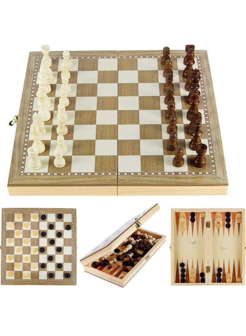 Wooden Chess Set, 3-in-1 Folding Portable Chess Board Game Set and Checkers Backgammon, Interior Storage Travel Chess Set for Adults Teens, 11.8inche