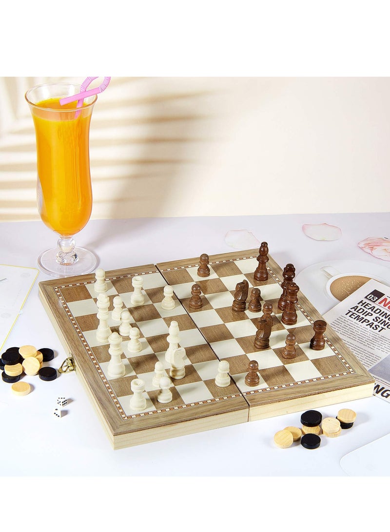 Wooden Chess Set, 3-in-1 Folding Portable Chess Board Game Set and Checkers Backgammon, Interior Storage Travel Chess Set for Adults Teens, 11.8inche