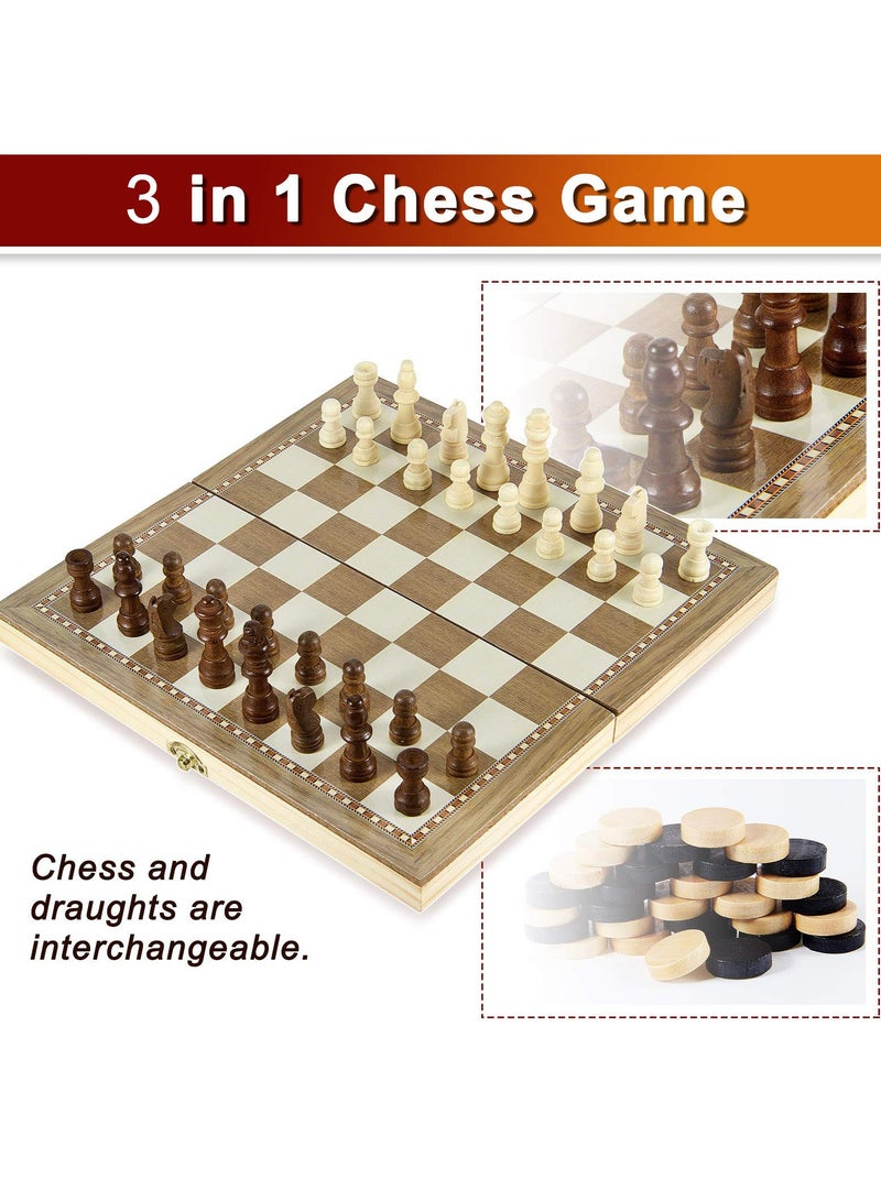 Wooden Chess Set, 3-in-1 Folding Portable Chess Board Game Set and Checkers Backgammon, Interior Storage Travel Chess Set for Adults Teens, 11.8inche
