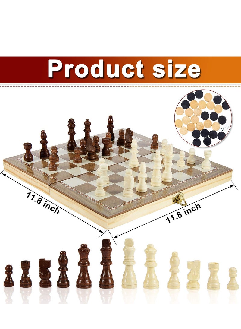 Wooden Chess Set, 3-in-1 Folding Portable Chess Board Game Set and Checkers Backgammon, Interior Storage Travel Chess Set for Adults Teens, 11.8inche