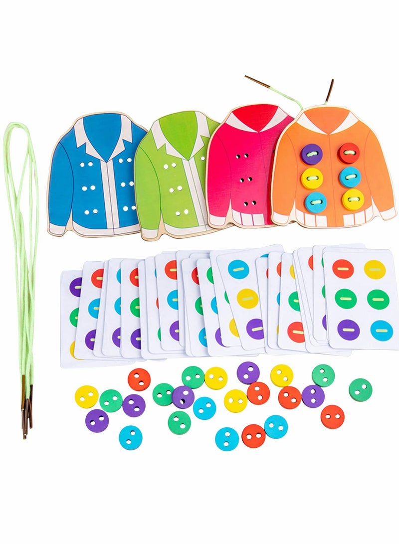 Clothes Lacing Toys, Wooden Toy Fine Motor Skill Threading Game for Kids Age 3 4 5 Years Toddler, Sewing Button Lacing Card Game, Preschool Early Development Educational Toy