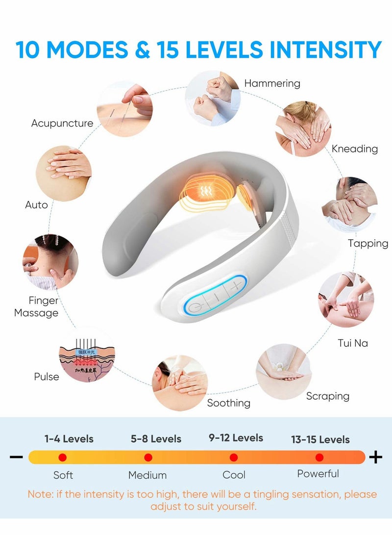 Neck Massager with Heat, Cordless for Pain Relief Deep Tissue 2 Metal Plates, EMS Acupoints Lymphvity Massage Device, 15 Levels Relax Ultima