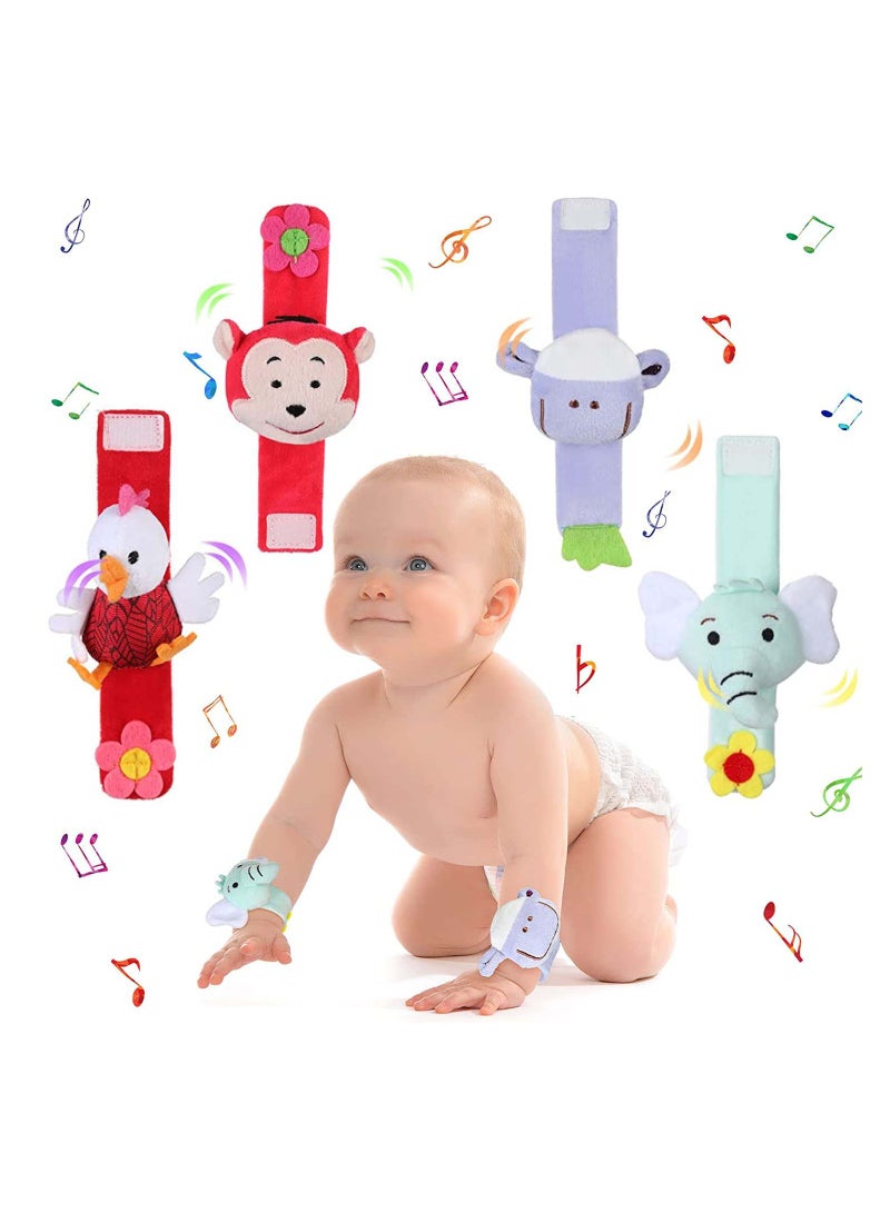 4 Designs Baby Soft Rattle Baby Infant Wrists Rattle and Foot Rattles Finders Socks Set Hand Arm Rattle Ring Feet Ankle Wear for Newborn Baby Boys & Girls