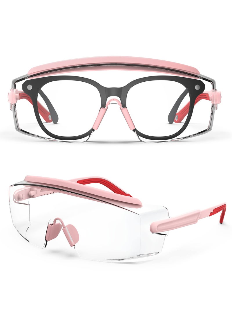 SYOSI Safety Glasses, Safety Goggle With Adjustable Frame And Temples Fog & Scratch Resistant UV Protective Compatible Glasses (Pink)