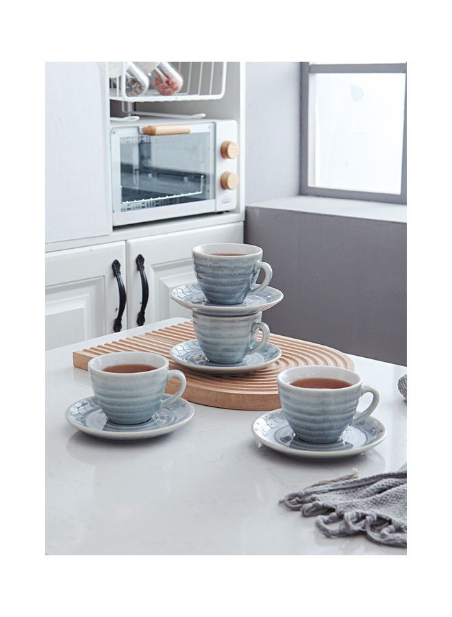 8-Piece Kiln Variable Glaze Round Ceramic Coffee Cup And Saucer Light Blue 11x9x6.5cm