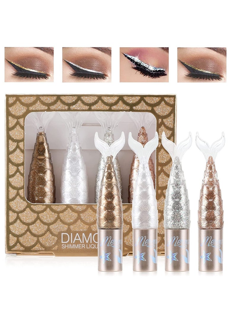 Liquid Glitter Eyeliner Set Metallic Shimmer Colorful Eyeshadow Silver Gold Diamond Eye Liner Stick Long Lasting Glow Eyeliner Eye Shadow Ideal Makeup Gift 4 Colors