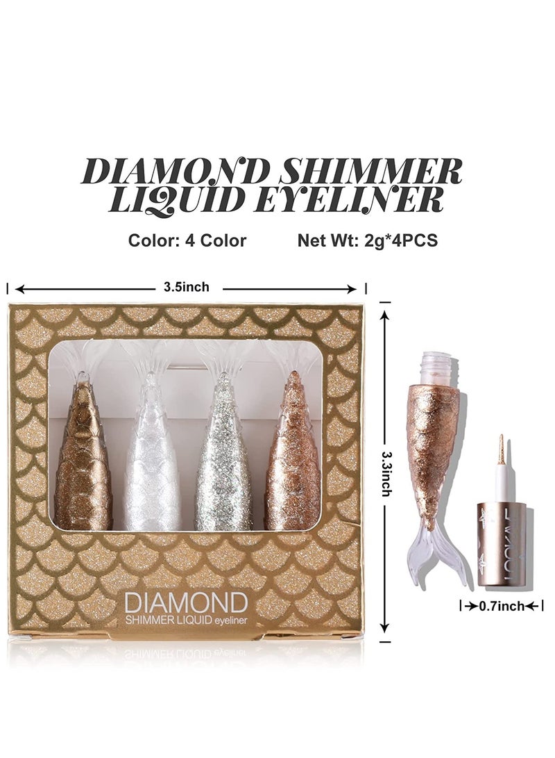 Liquid Glitter Eyeliner Set Metallic Shimmer Colorful Eyeshadow Silver Gold Diamond Eye Liner Stick Long Lasting Glow Eyeliner Eye Shadow Ideal Makeup Gift 4 Colors