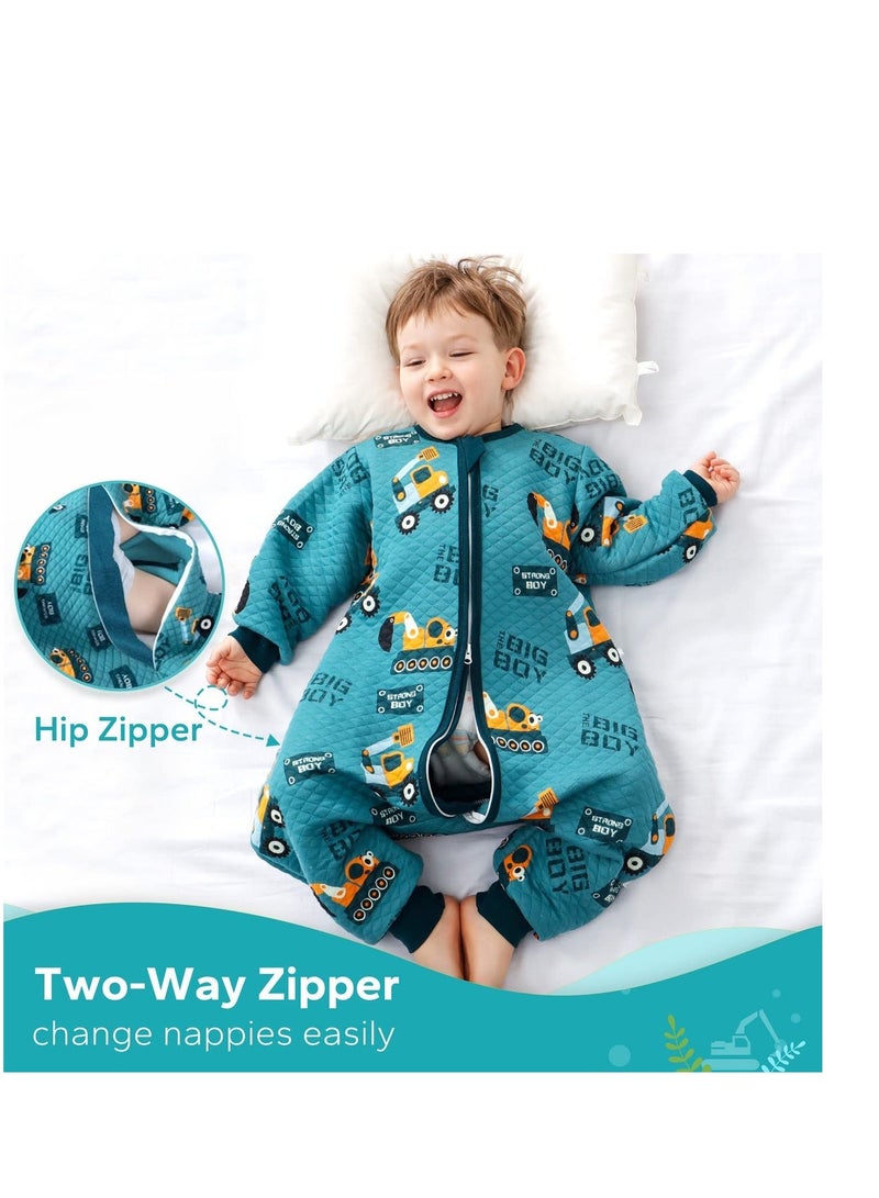 SYOSI Baby Sleep Bag with Feet Hip Zipper 1.5 TOG Wearable Blanket Long Sleeve 100% Cotton Sack for All Seasons 2-4T Infant Toddler Pajamas Girl Boy Excavator, S