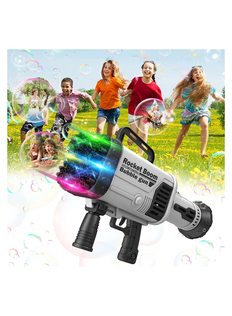 Bubble Gun Kids Bubble Blower Bubble Machine Gun 64 Holes Bubble Bazooka Gun Gatling Bubble Machine Rocket Launcher Bubble Maker Electric Bubble Gun with Colorful Light for Summer Toy Birthday Gift