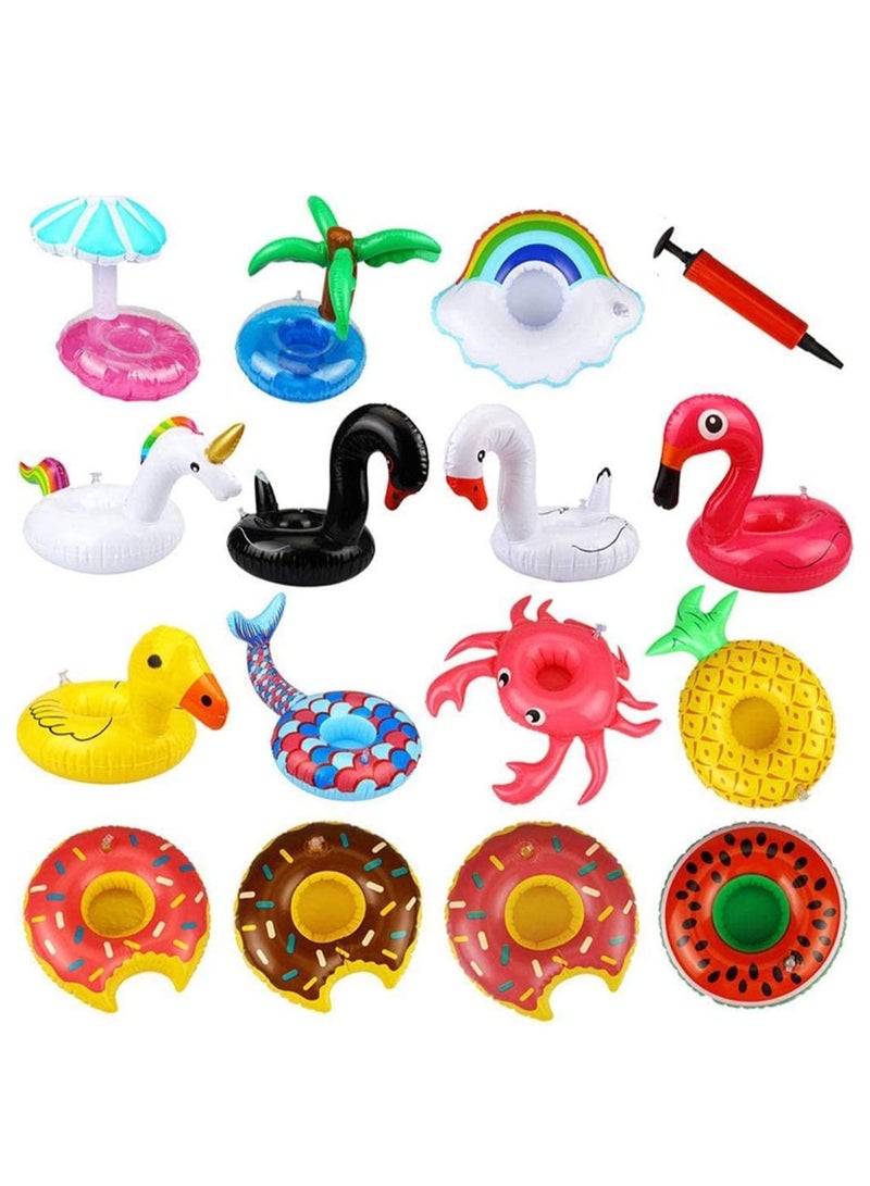 15Pcs Inflatable Drink Holders With 1 Pcs Air Pump, Cute Cup Coasters Floats For Summer Pool Party Decorations Fun Tub Toys For Kids Bath Shower