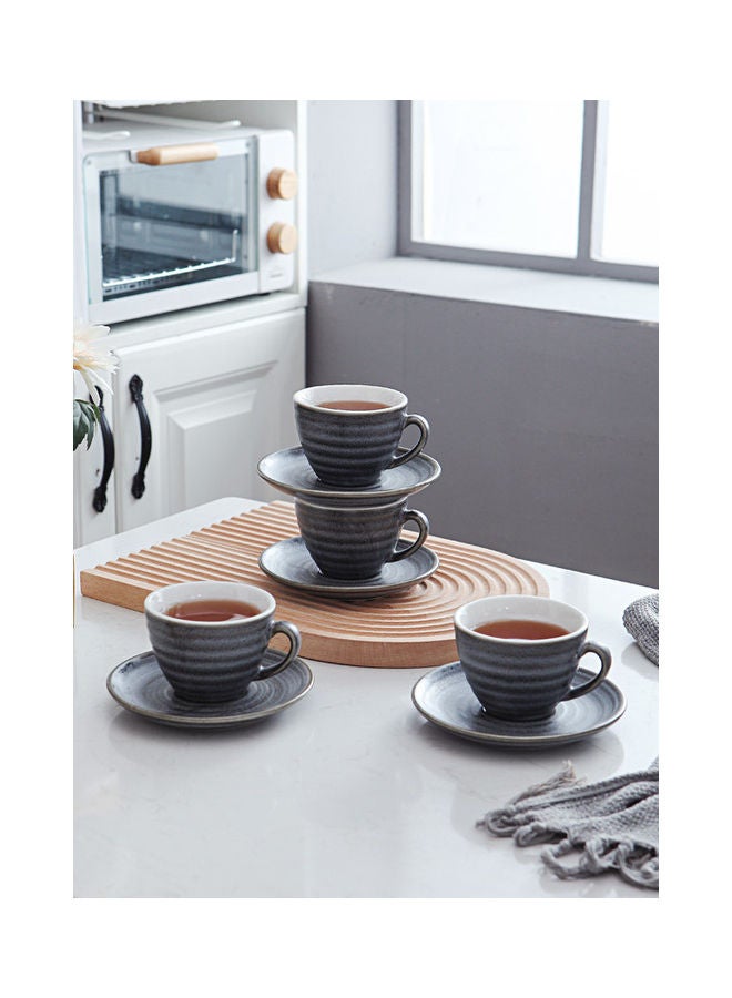 8-Piece Kiln Variable Glaze Round Ceramic Coffee Cup And Saucer Grey 11x9x6.5cm