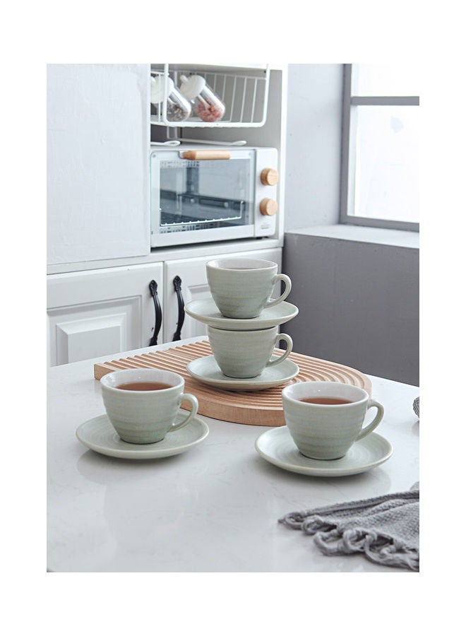 8-Piece Kiln Variable Glaze Round Ceramic Coffee Cup And Saucer Light Green 11x9x6.5cm