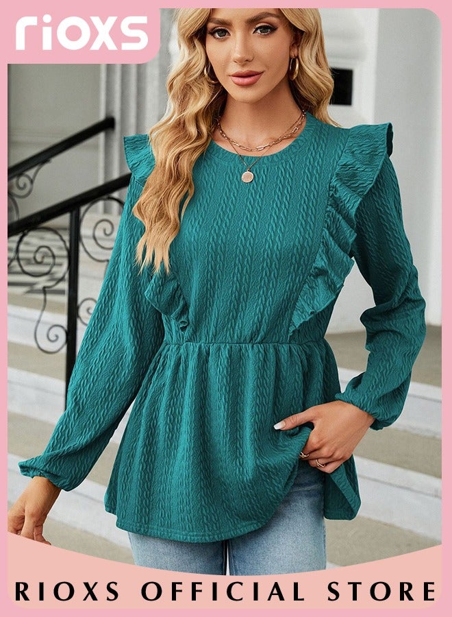 Women's Round Neck High Waist Long Sleeve Blouse Shirt Pleated Stitching Jacquard Solid Color Elastic Hem Peplum Top