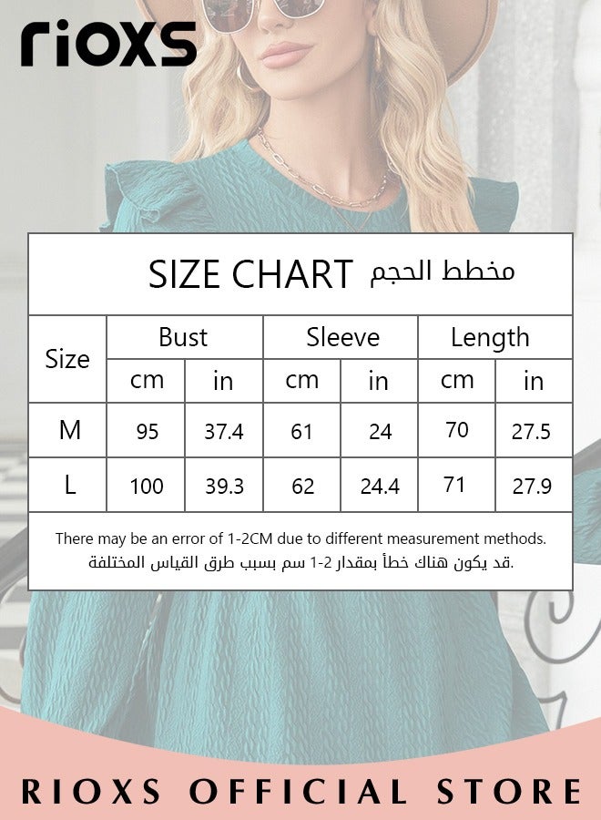 Women's Round Neck High Waist Long Sleeve Blouse Shirt Pleated Stitching Jacquard Solid Color Elastic Hem Peplum Top
