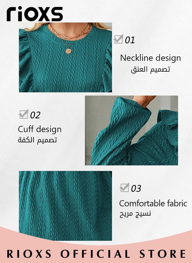 Women's Round Neck High Waist Long Sleeve Blouse Shirt Pleated Stitching Jacquard Solid Color Elastic Hem Peplum Top