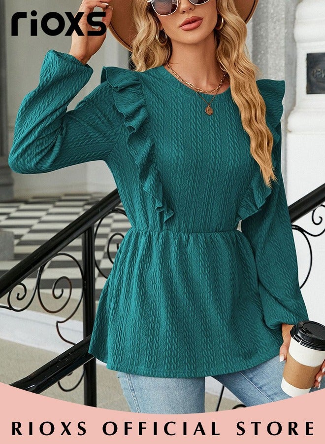Women's Round Neck High Waist Long Sleeve Blouse Shirt Pleated Stitching Jacquard Solid Color Elastic Hem Peplum Top