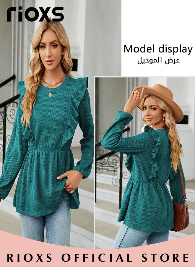 Women's Round Neck High Waist Long Sleeve Blouse Shirt Pleated Stitching Jacquard Solid Color Elastic Hem Peplum Top