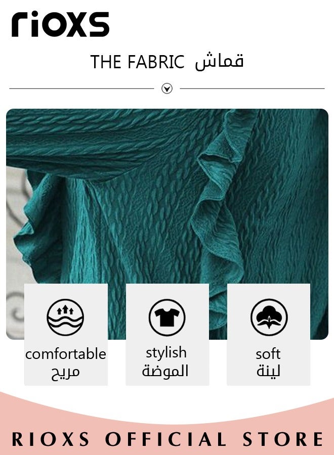 Women's Round Neck High Waist Long Sleeve Blouse Shirt Pleated Stitching Jacquard Solid Color Elastic Hem Peplum Top