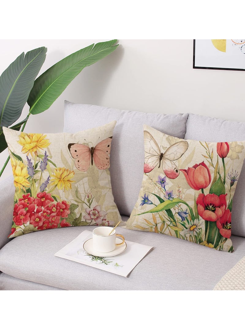 Throw Pillow Covers, 4Pcs Square Decorative Spring Pillow Covers, Soft Linen Print Flower Butterfly Pillowcases for Sofa Couch Living Room Outdoor (18 x 18inch)