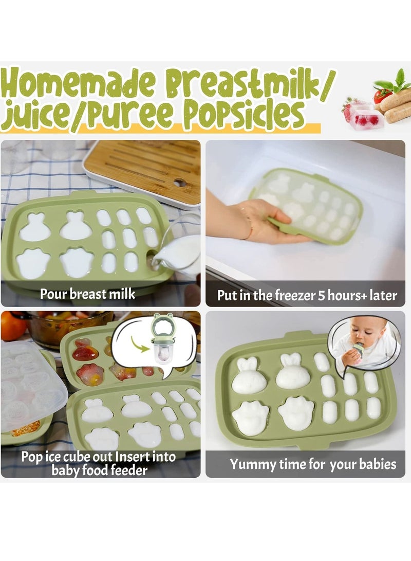 Baby Food Freezer Tray, Storage Containers, Silicone Ice Cube Trays with Lid, Safe Breastmilk Popsicle Molds for Teething DIY Homemade Food, Vegetable & Fruit Purees