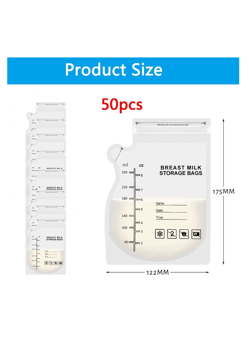 50 Pcs Breast Milk Storage Bag, 250ml Freezer Breastfeeding Essentials Fresh-Keeping Bag with Scale, Double Zipper Sealing for Fridge or Use