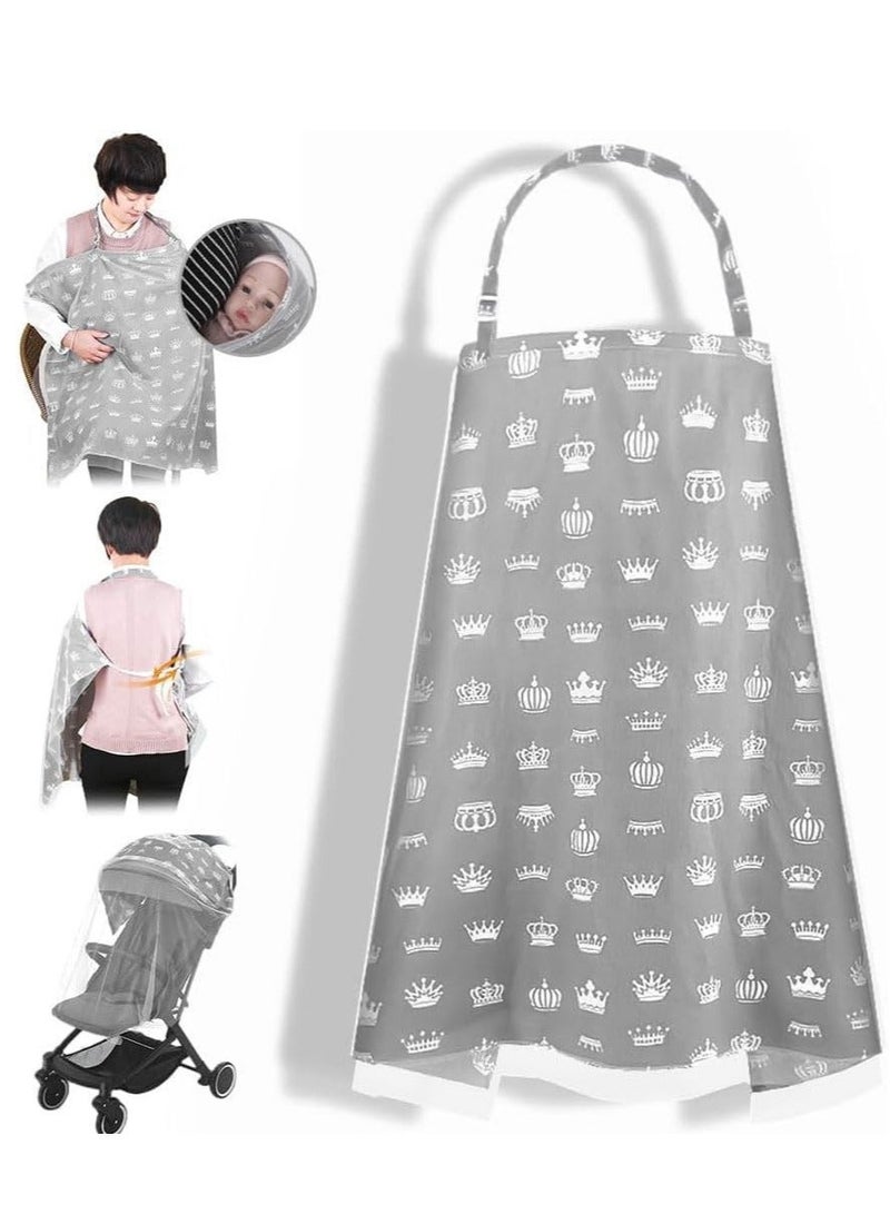 Nursing Cover for Baby Breastfeeding Combed Cotton Breathable Muslin with Adjustable Strap Apron Up 360° Full Coverage Mother (Crown Pattern)