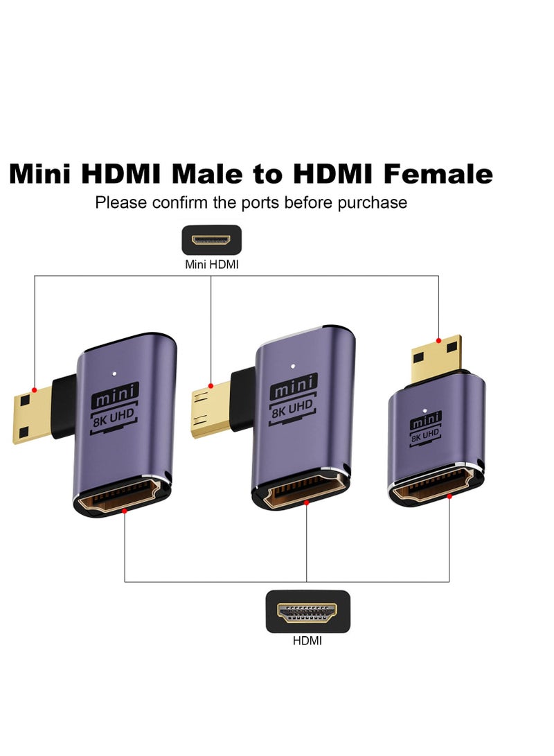 Mini HDMI to HDMI Adapter 8K, 3 Pcs 90 Degree Left and Right Angle Mini HDMI Male to HDMI Female Adapter, 48Gbps Mini HDMI Adapter, for Camera, HDTV, Projector, Laptop and Tablet