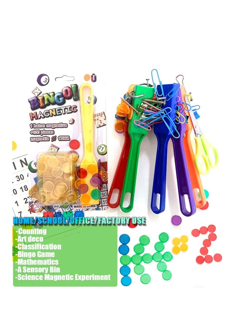 Magnetic Bingo Wand with Chips 100 Metal 5 Color Chips-for Large Group Games Family Game Night, Sensory Bins Counting and Sorting Science& Educational Activities