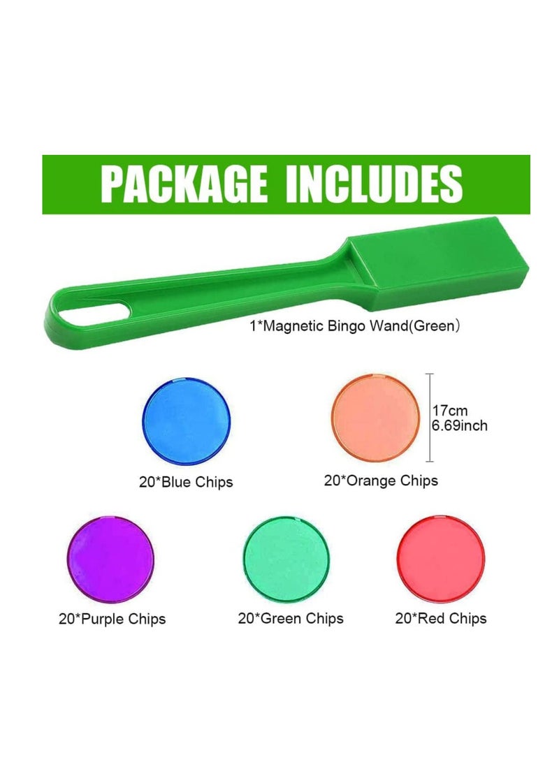 Magnetic Bingo Wand with Chips 100 Metal 5 Color Chips-for Large Group Games Family Game Night, Sensory Bins Counting and Sorting Science& Educational Activities