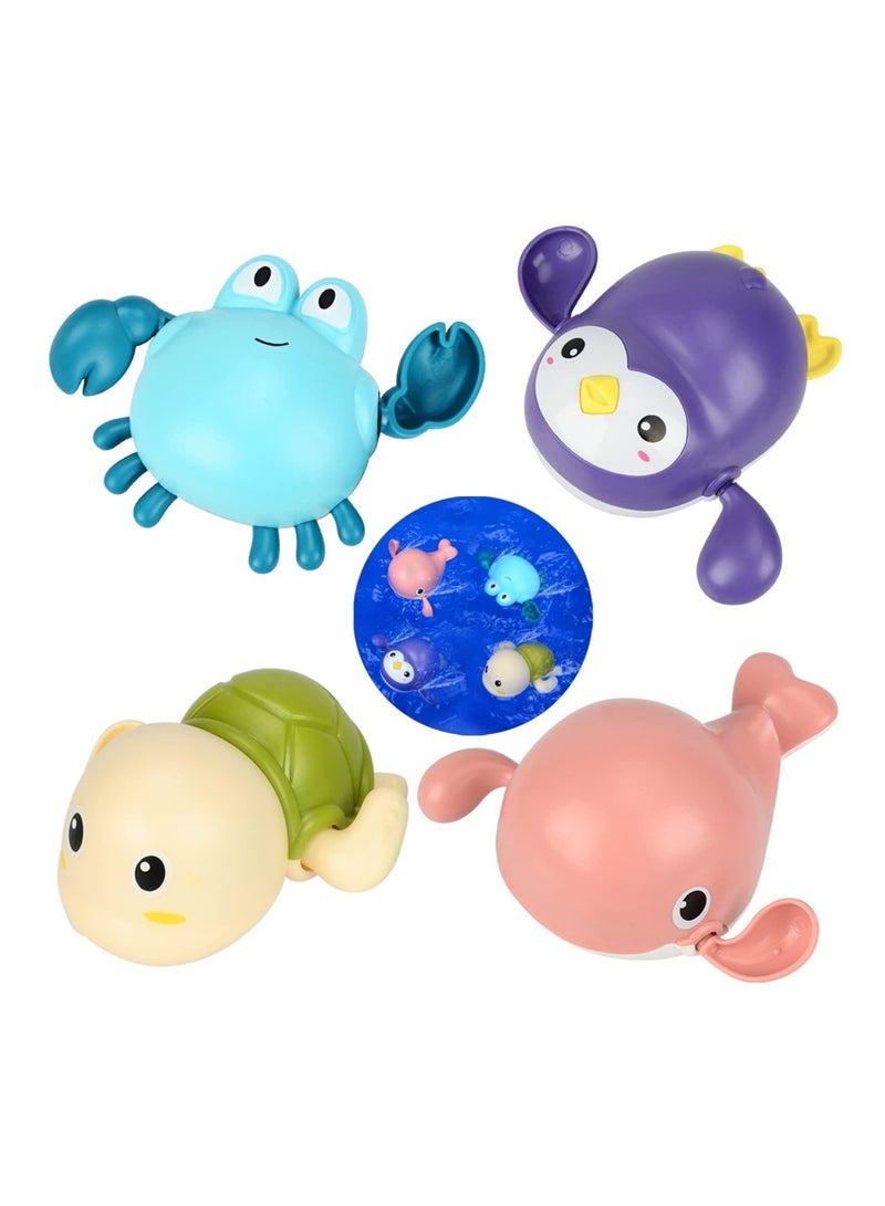Baby Bath Toy Set of 4 - Clockwork Turtles, Whale, Crab, Penguin Swim for Up to 15 Seconds - Water Toy for Babies Bath, Swimming Pool Toy for 6 Months and Up