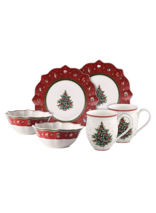 6-Piece Christmas Theme Printed Breakfast Serving Set White/Red/Green