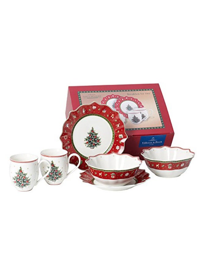 6-Piece Christmas Theme Printed Breakfast Serving Set White/Red/Green