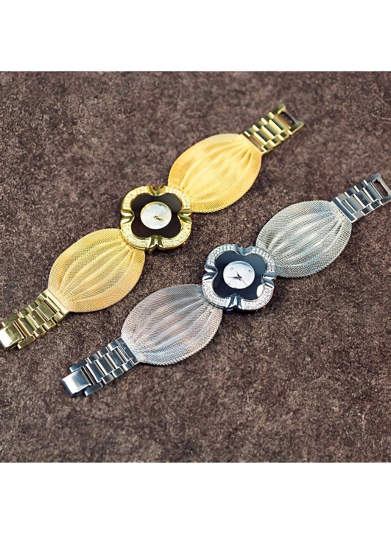 Women's Quartz Watch with Four-leaf Clover Shaped Dial & Exaggerated Butterfly Mesh Strap Brilliant Diamond Wrist Watch Gifts for Girls Ladies