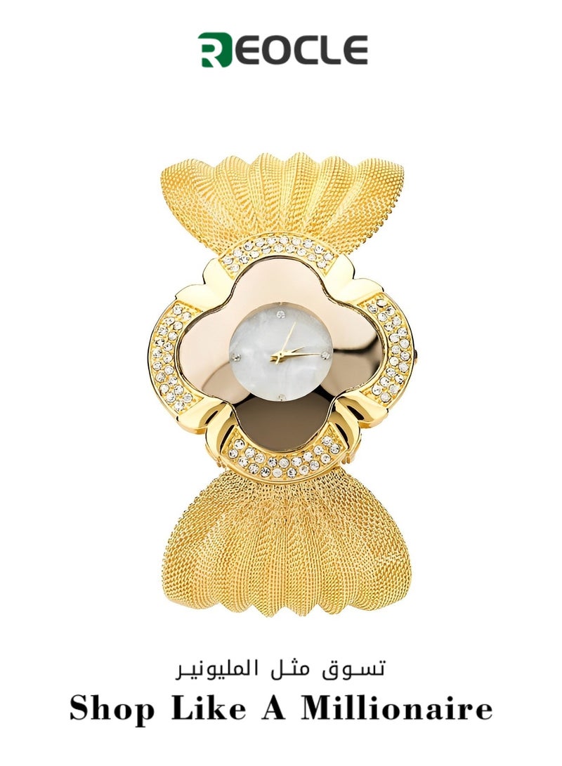 Women's Quartz Watch with Four-leaf Clover Shaped Dial & Exaggerated Butterfly Mesh Strap Brilliant Diamond Wrist Watch Gifts for Girls Ladies