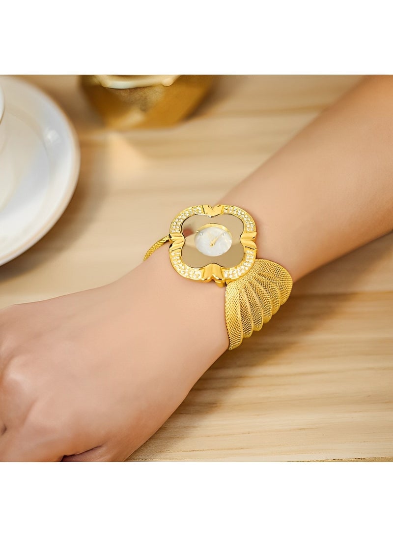 Women's Quartz Watch with Four-leaf Clover Shaped Dial & Exaggerated Butterfly Mesh Strap Brilliant Diamond Wrist Watch Gifts for Girls Ladies