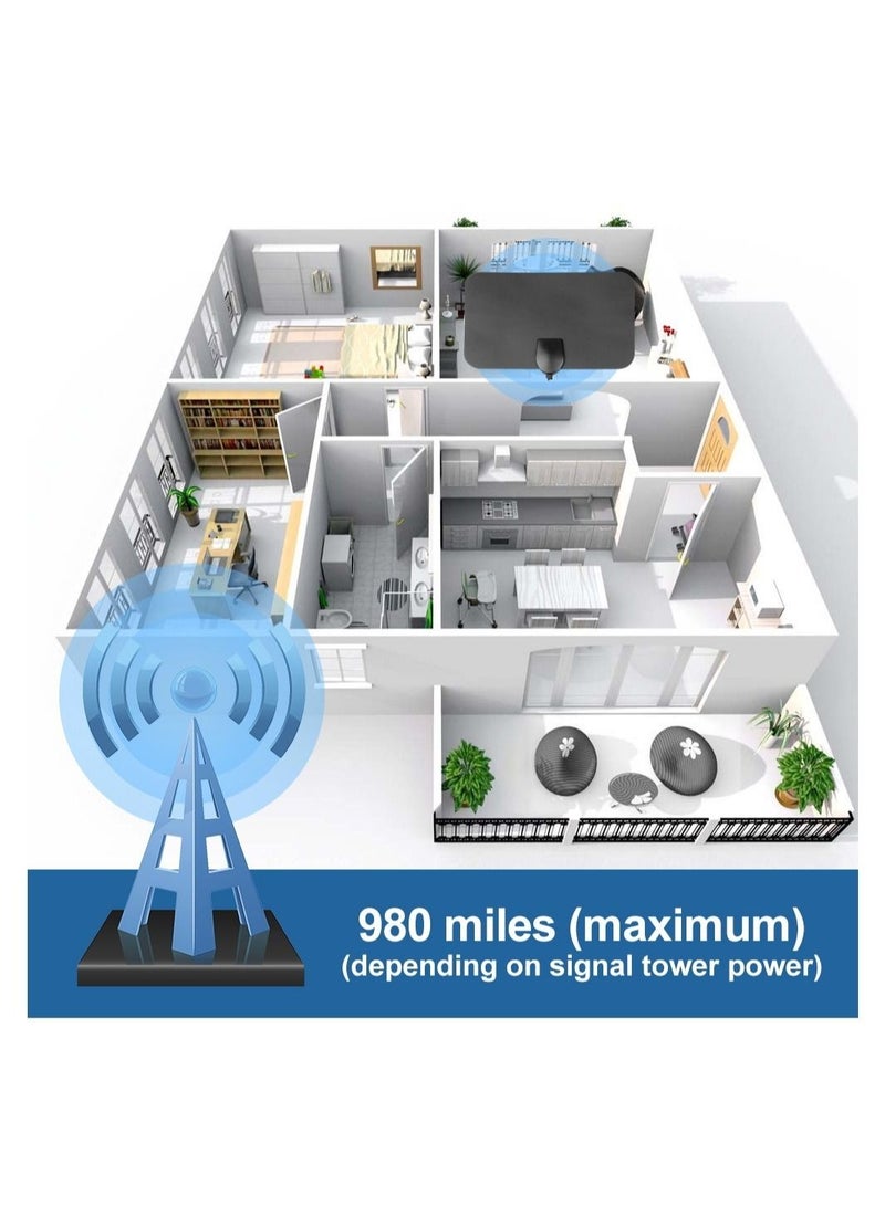 8K 4K HDTV Antenna with 500-Mile Booster - DVB-T Aerial for Indoor Use - HD Flat Active Antenna with 25DBi High Gain - VHF UHF Reception - Compatible with TV Box