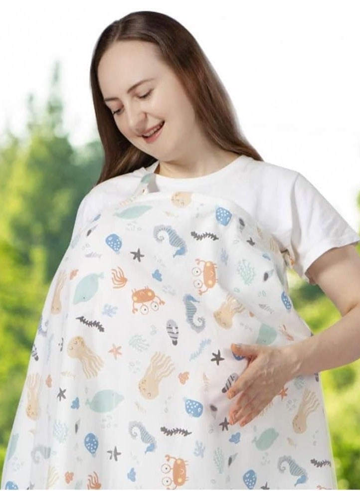 Nursing Cover for Baby Breastfeeding 100% Cotton Breathable Muslin with Adjustable Strap Apron Up 360°Full Coverage Mother (Sea Animal Pattern)