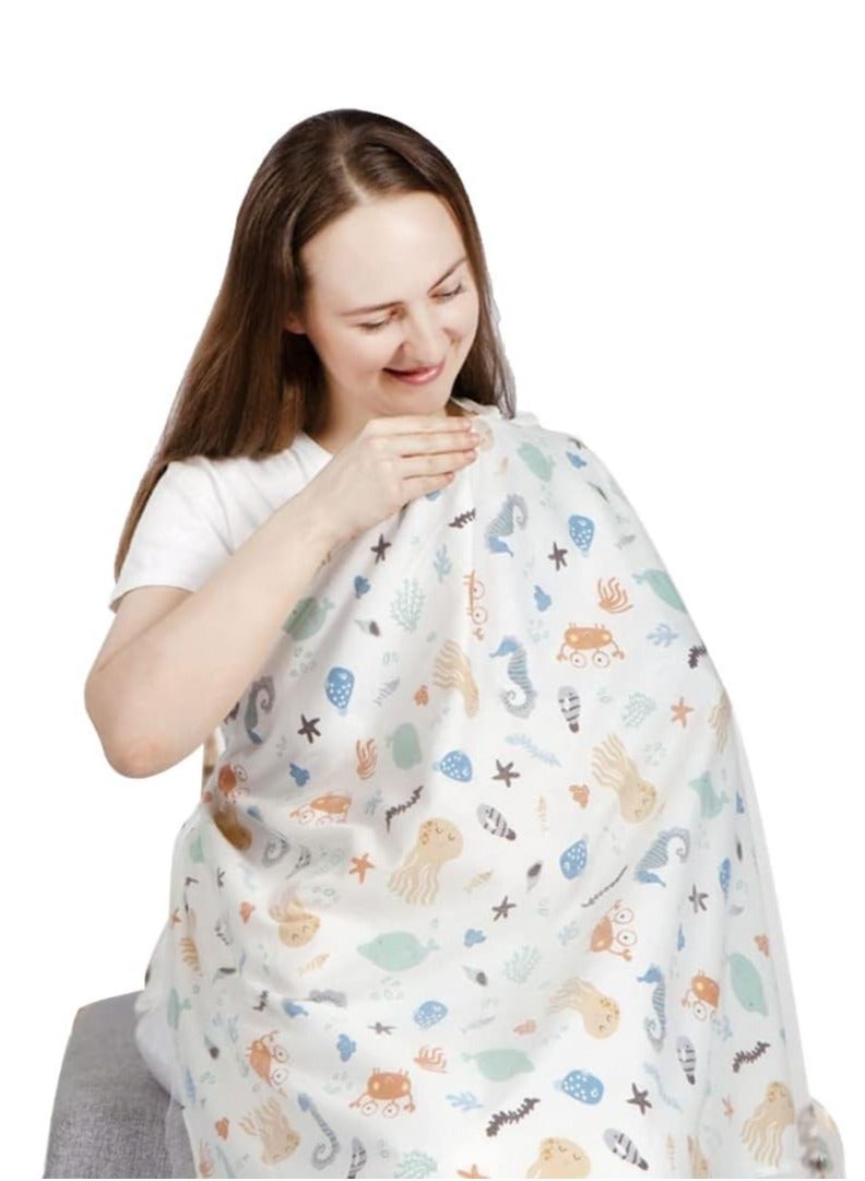 Nursing Cover for Baby Breastfeeding 100% Cotton Breathable Muslin with Adjustable Strap Apron Up 360°Full Coverage Mother (Sea Animal Pattern)