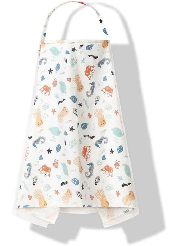 Nursing Cover for Baby Breastfeeding 100% Cotton Breathable Muslin with Adjustable Strap Apron Up 360°Full Coverage Mother (Sea Animal Pattern)