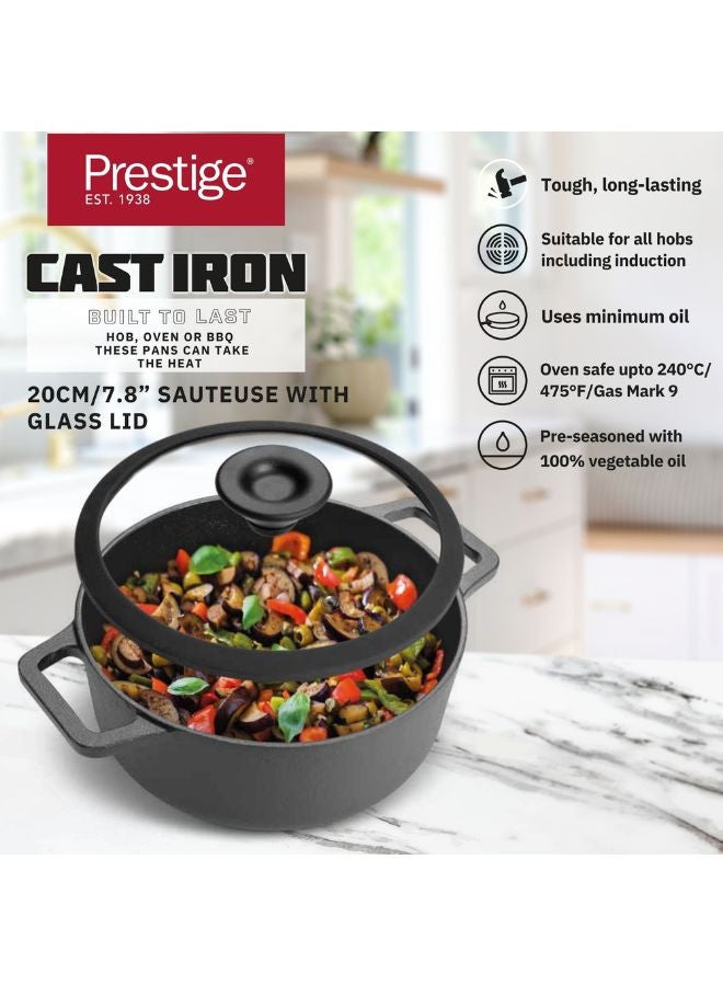Prestige Cast Iron Casserole 20 CM | Induction Cooking Pot with Glass  Lid | Biryani Pot  with Heavy Bottom |Pre-Seasoned Cast Iron Cookware, Black - PR48896
