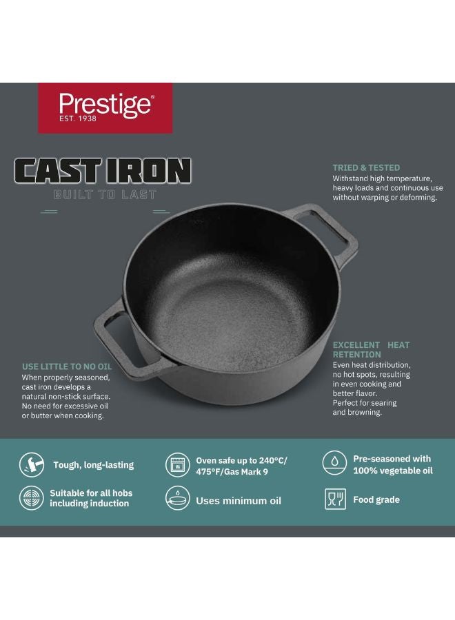 Prestige Cast Iron Casserole 20 CM | Induction Cooking Pot with Glass  Lid | Biryani Pot  with Heavy Bottom |Pre-Seasoned Cast Iron Cookware, Black - PR48896