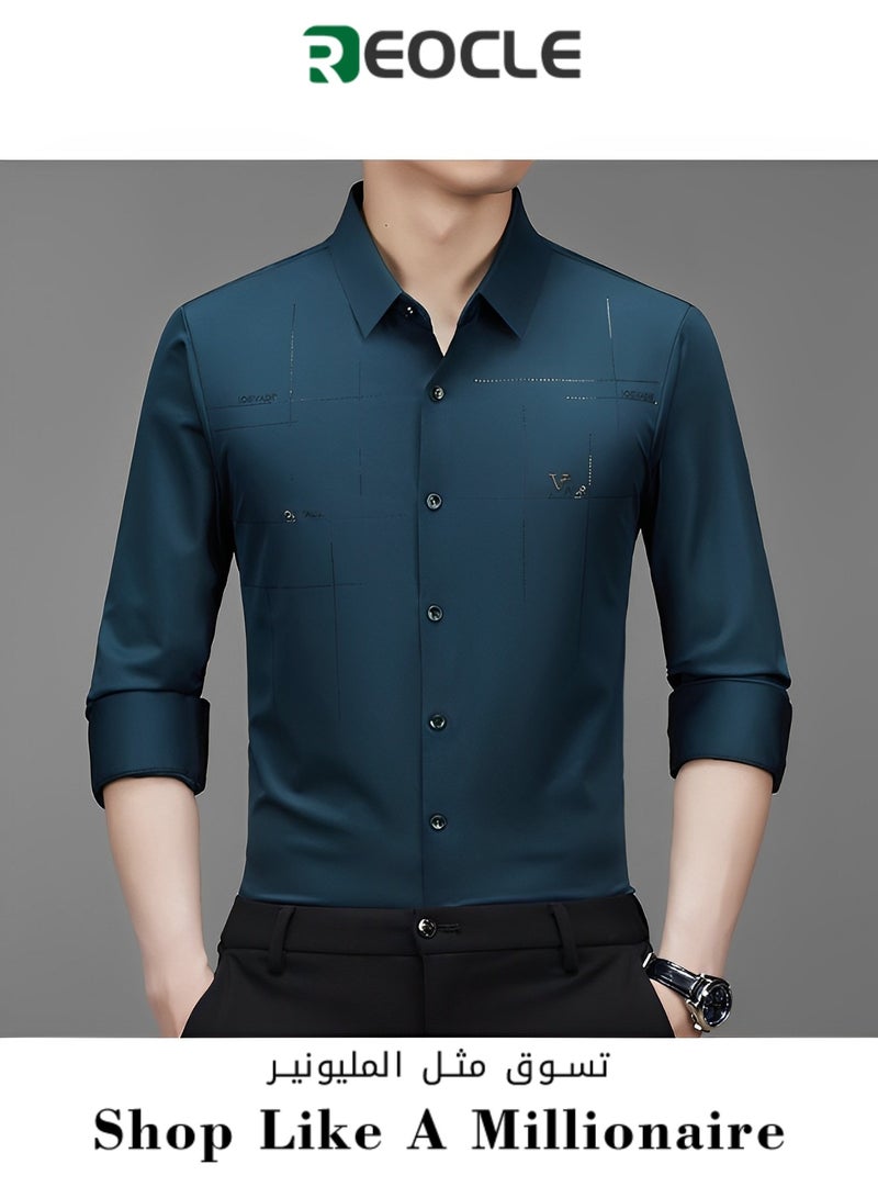 Men's Business Slim Fit Shirt Official Long Sleeve Stretch Dress Shirt Wrinkle-Free Regular Fit Button Down Shirts