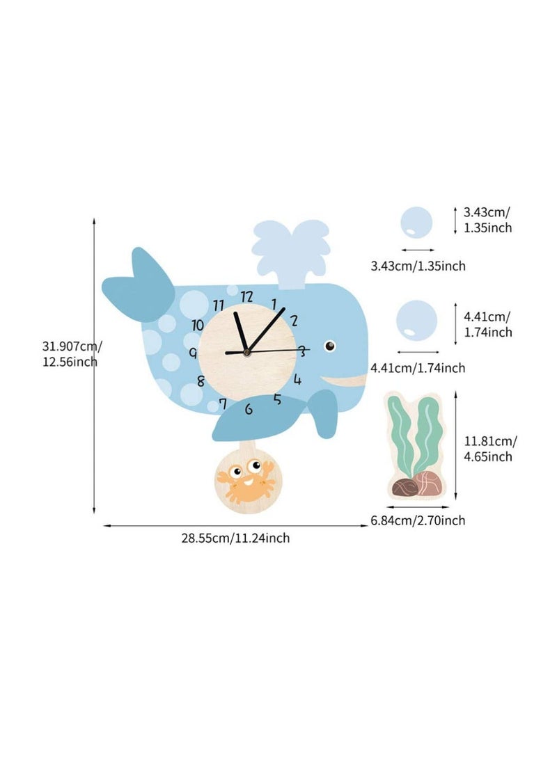 Kids Wall Clock Whale Hanging Cartoon Silent Decorative for Home Nursery Store Kindergarten (Without Battery)