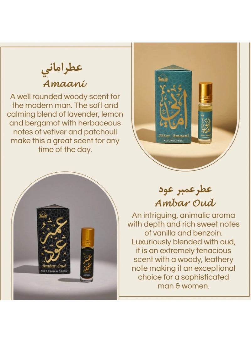 Dukhni Attar Oil Set-Amaani, Ameerah, Hayati, Ambar, Ambar Oud, White Musk - 6ml each