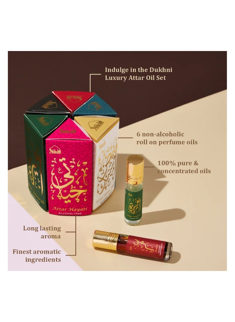 Dukhni Attar Oil Set-Amaani, Ameerah, Hayati, Ambar, Ambar Oud, White Musk - 6ml each