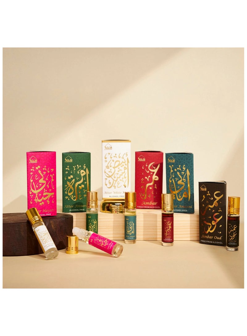 Dukhni Attar Oil Set-Amaani, Ameerah, Hayati, Ambar, Ambar Oud, White Musk - 6ml each